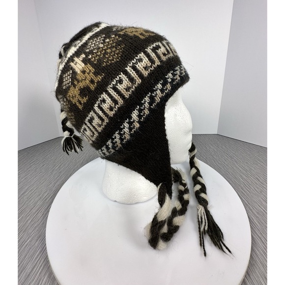 Toboggan Beanie Tassel Ear Flap Hat Knit Braids Llama Browns Creams Chullo - Picture 6 of 7